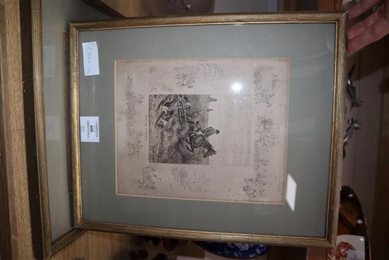 Frank Paton, two engravings, Hunting incidents and The Fox Inn, approximately 26 x 20cm